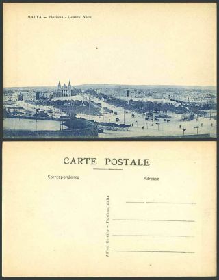 Malta Old Maltese Postcard Floriana General View Panorama Gardens Streets & Tram