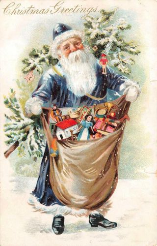 Christmas Holiday Blue Suited Santa Claus Illegal Stamp Usage Postcard 1907