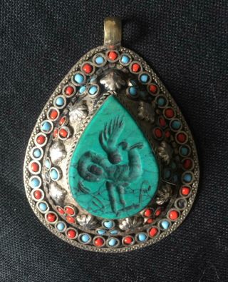 Vintage Arabic Islamic Silver Coral And Turquoise Wax Seal Pendant