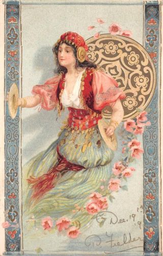 Gypsy Woman Flowers Cymbals Music Art Noveau Postcard (c.  1900)