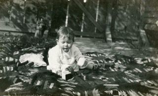 Zz610 Vtg Photo Child On Quilt Blanket,  Doll Blocks,  Play Time C Early 1900 