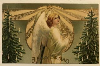Clapsaddle White Wing Christmas Angel With Candle - Lit Trees 1910 Postcard - C376