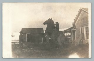 Boy On Bucking Bronco Rppc Antique Horse Farm House Photo Postcard 1910s