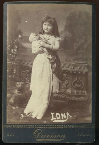 Old Polo,  Il.  Cabinet Card,  Little Girl With Doll In Extra Long Dress