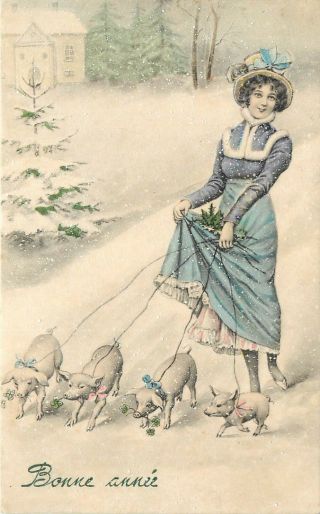 Hand - Colored French Year Postcard Pretty Lady W Pigs On Leash Vk Vienne 5057