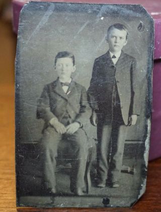1860s - 70s Tin Type Photo 2 Boys Wearing Suits