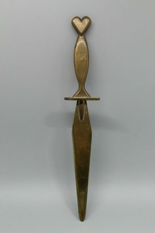 Brass Letter Opener Heart Shaped With Tang 9 1/2 " Long Heavy Vintage