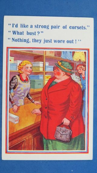 Risque Comic Postcard 1930s Corset Girdle Bust Big Boobs Bbw Large Lady Theme