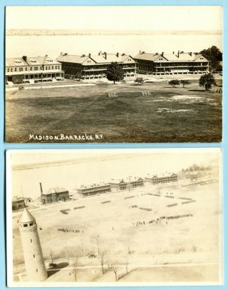 2 1918 Madison Barracks Ny Rppc Parade Grounds & Aerial View Sackets Harbor