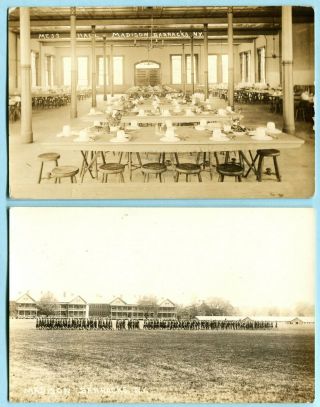 2 1918 Madison Barracks Ny Rppc Inside Mess Hall & Parade Grounds Sackets Harbor