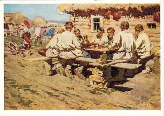 1958 Russian Postcard Workers Have A Meal At Noon In The Village By S.  Vinogradov