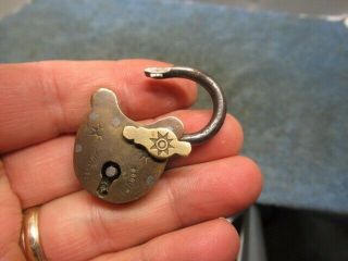 Old Brass Miniature Padlock Lock With A Sun Burst Design.  N/r