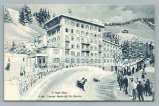 Toboggan Race St.  Moritz Switzerland—snow Sledding “village Run” Antique Alps
