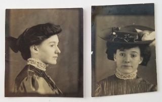 Two Miniature Studio Portraits Of A Woman Wearing Bird Hat Edwardian Fashion