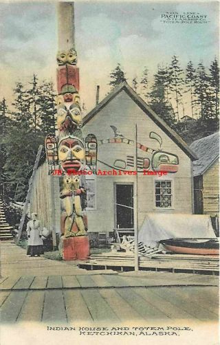 Native American Indian,  House & Totem Pole,  Pc Steamship Route,  Alaska,  Albertype