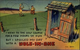 1940s Outhouse Comic Golfer Golf Course Hole In One Toilet 1940s Linen Postcard