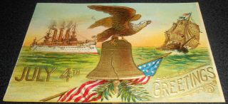 Vintage 1908 July 4th Greeting Postcard - Boat - Eagle - Bell - Flag - Embossed