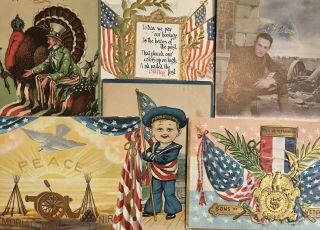 6 Early 1900’s Patriotic Postcards Wwi Soldier,  Uncle Sam,  Flags,  Peace,  Etc