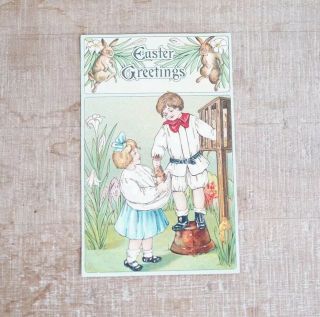 Antique B.  W 1907 - 1915 Embossed Easter Greetings Boy Girl Rabbit In Bag Post Card
