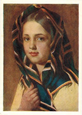 1959 Russian Postcard Girl Wears Scarf By A.  Venetsianov