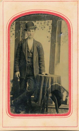 1860 - 1869 Tintype Man With Tall Bowler Hat,  Interior Setting,  Orig.  Paper Frame