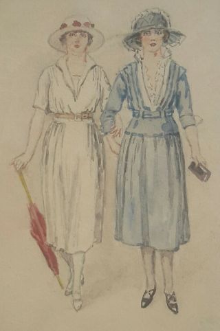 Artist Drawn & Painted Plain Back Fashion Card,  2 Women In White & Blue,  C 1920