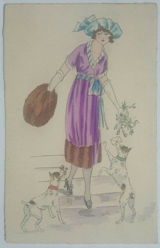 Deco Fashion,  Artist Drawn Pochoir,  Woman In Purple Dress,  Dogs,  By Miki,  C 1920