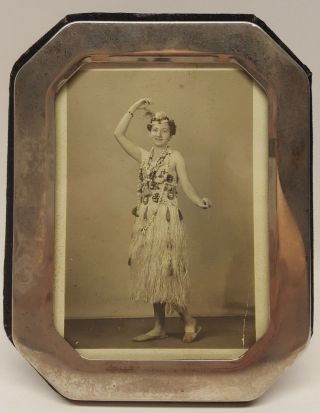 Vintage Picture Woman In Grass Skirt In Silver Plate Frame 1950 