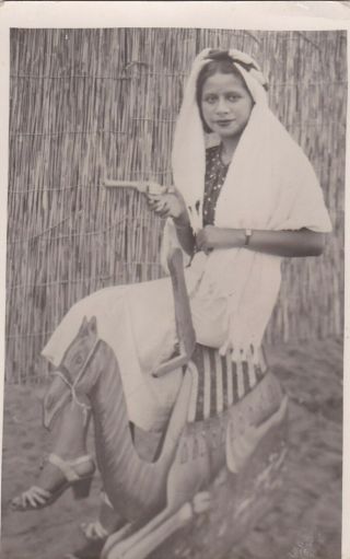 Egypt Old Vintage Photograph.  Teenager With Wooden Camel & Gun