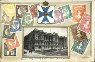 Brisbane Australia Executive Building Embossed Postage Stamp Border Postcard