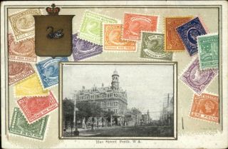 Perth Australia Hay St.  Embossed Postage Stamp Border C1910 Postcard