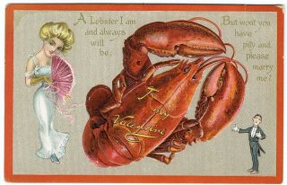 Valentine Lobster Raphael Tuck Postcard C 1910 Woman & Man Love Tributes