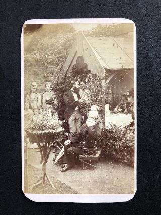Rare Victorian Carte De Visite Cdv Rolph Salsbury: Big Group Outside Summerhouse
