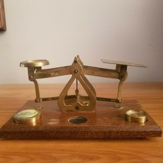 Vintage Small Balance Scale Brass Set W/ 2 Weights Antique