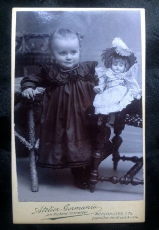 Gorgeous Antique Victorian Cdv Photo Girl Child With Large German Porcelain Doll