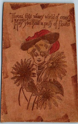 Vintage Leather Postcard " May You Have A Path Of Flowers " 1907 Wi Cancel