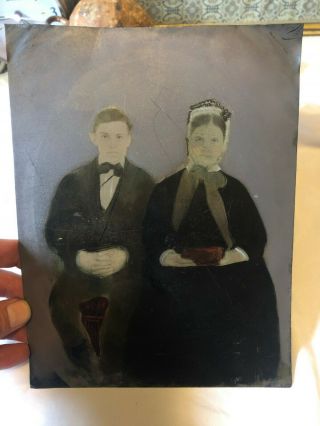 Antique Whole Full Plate Tintype Photograph Amish Couple W Bible Hand Colored