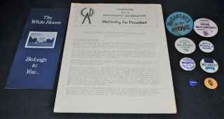 8 Vtg 1968 - 92 President Eugene Mccarthy Political Pinback Buttons & Paper Items