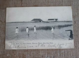 Antique 1907 Collotype Boat And Bath Houses Wenona Beach Michigan Post Card