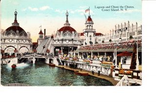Coney Island,  Ny Luna Park Lagoon & Shoot The Chutes @ 1920