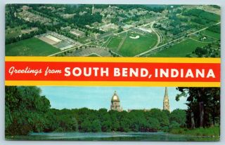 Postcard In Banner Dual View Greetings From South Bend Indiana Vintage O14