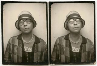 2 Vintage Photobooth Photos Lady Flapper Glasses Hat Cool Print Coat Necklace