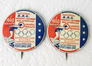 VINTAGE PINBACKS OLYMPICS TRYOUTS WOMENS SWIMMING AND DIVING CHAMPIONSHIPS 1940 2