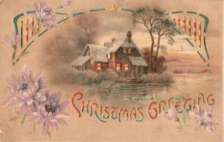 Christmas Postcard - Hold To The Light " Christmas Greetings " Lake House Snow