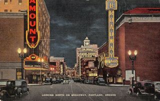 Portland Oregon Broadway Theaters Night Lights Paramount Wc Fields 1940s Linen