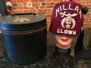 Vintage Masonic Shriner Hillah Clown Fez W/tassel Rhinestones & Case 7 1/8