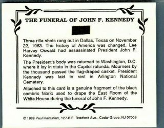 John F.  Kennedy Jfk Funeral Card W/ Piece Of Black Fabric 2 Drape East Room B10