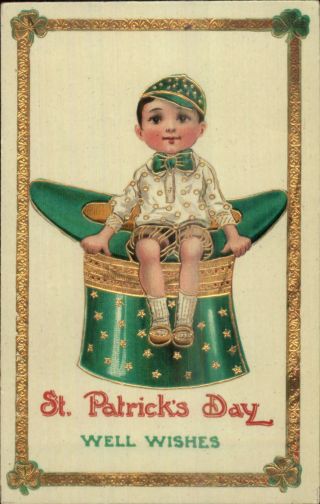 St.  Patricks Day Series 7131 Gold & Gel C1910 Postcard - Boy On Green Top Hat