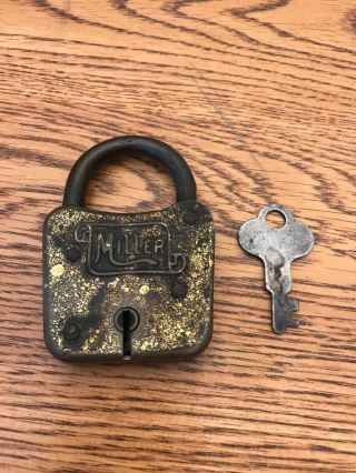 Vintage Old Miller Padlock Lock W/ Key Miller Lock Co