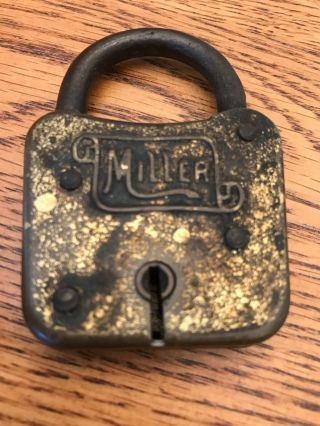 Vintage Old Miller Padlock Lock w/ Key Miller Lock Co 3